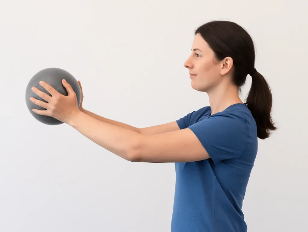 انجام تمرین گردن با عقب جلو کردن توپ فیزیوتراپی